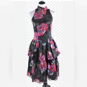 Cachet Floral Halter Vintage Black Pink Backless Dress by Bari Protas